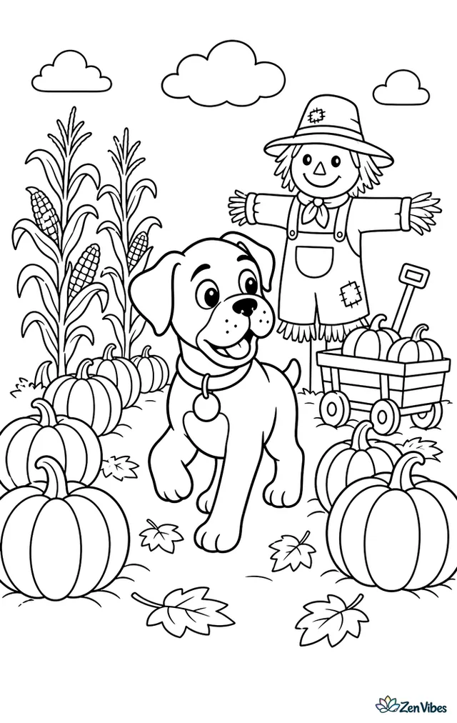 A boxer explores a pumpkin patch between neat rows of pumpkins, with corn stalks, a wagon, fallen leaves, and a friendly scarecrow under a crisp autumn sky.