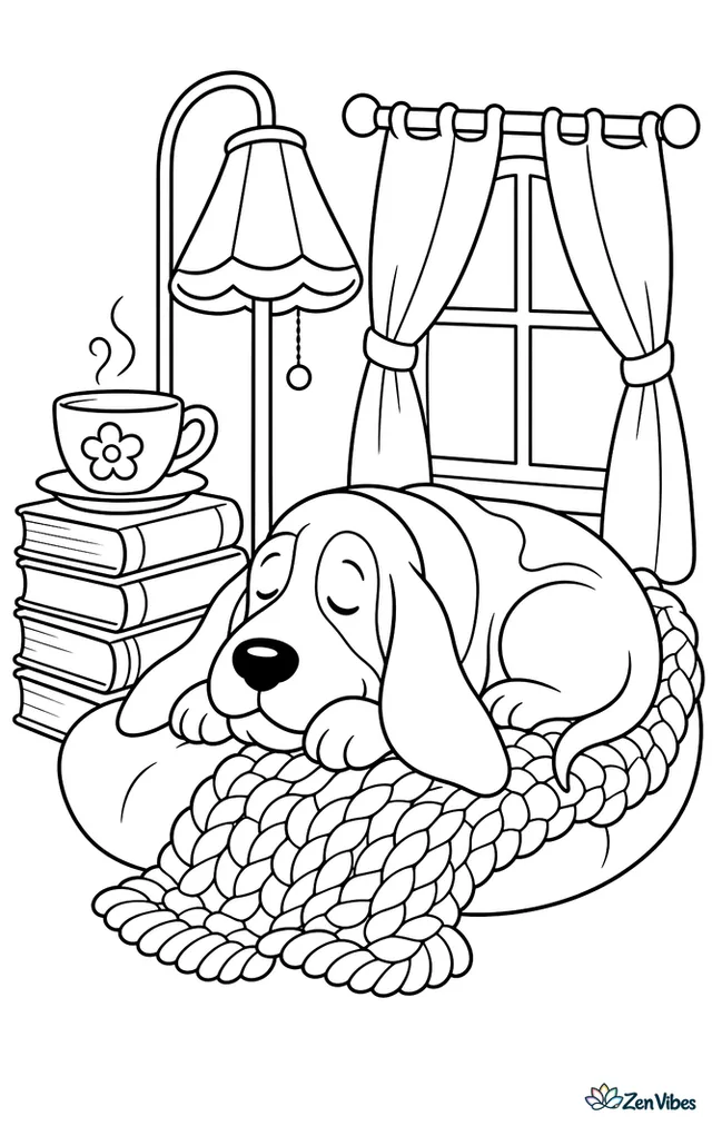 A basset hound naps in a book nook beside stacked books, a floor lamp, and a knitted blanket, while a teacup and window curtains complete the cozy corner.