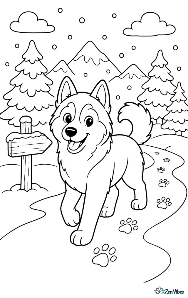 A Siberian husky walks along a snowy trail bordered by pine trees, with paw prints, a wooden signpost, falling snowflakes, and distant mountains under winter clouds.