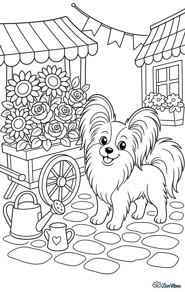 A papillon stands beside a flower cart filled with sunflowers and roses, near cobblestones, striped awnings, watering cans, and a fluttering banner on a bright street.