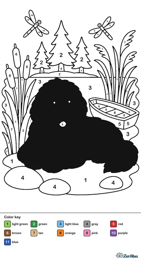A Newfoundland rests by a calm lake with cattails, a rowboat, smooth stones, and dragonflies, while tall reeds sway and evergreen trees reflect in the water.