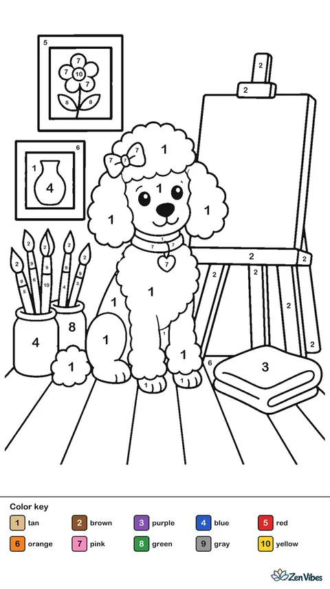 A miniature poodle sits in an art studio near paintbrush jars, a blank canvas, folded cloth, and framed sketches, with sunbeams crossing the wooden floor.