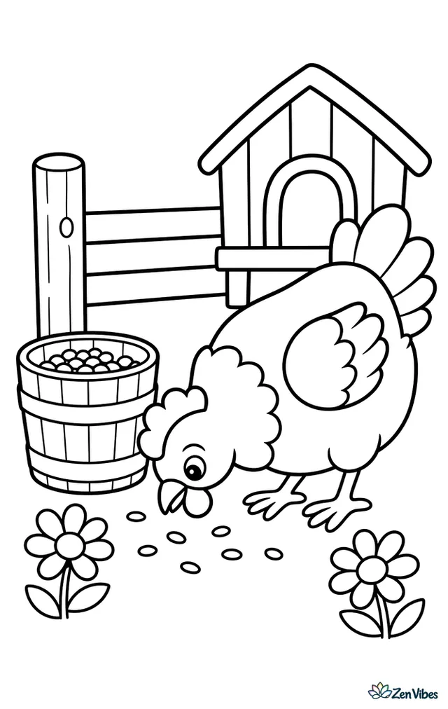 A Plymouth Rock hen pecks near a wooden feed bucket in a sunny farmyard, surrounded by simple daisies, a few scattered kernels, a fence post, and a little coop behind her.