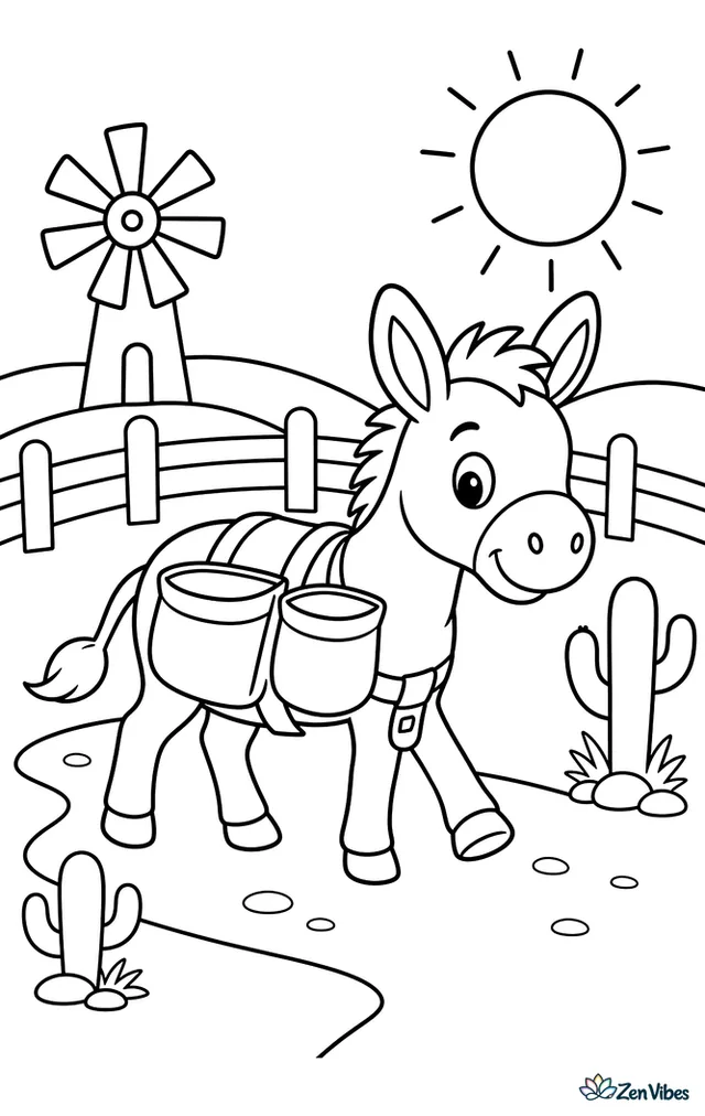 A miniature donkey walks along a dirt path carrying empty saddlebags, with a windmill, two cactus plants, a fence line, and rolling pasture hills under a bright sun.
