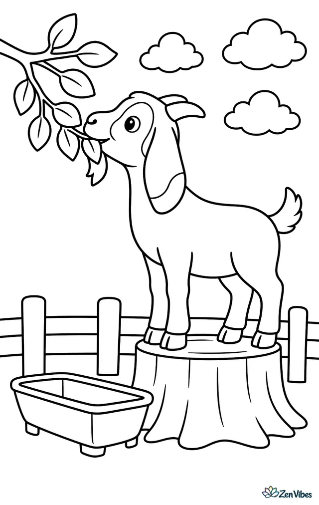 A Nubian goat stands on a tree stump in a pasture, nibbling leaves from a low branch, with a trough, a fence, and three fluffy clouds in the open sky.
