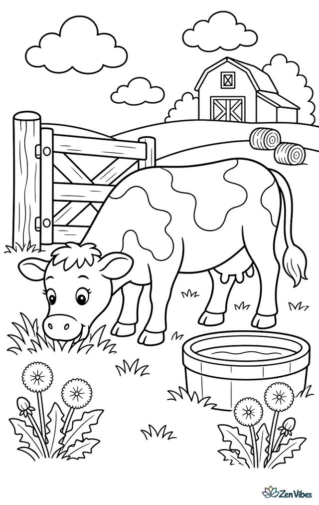 A Jersey cow grazes in a green pasture beside a wooden gate, with dandelions, a water trough, distant hay bales, and a red barn under drifting clouds.