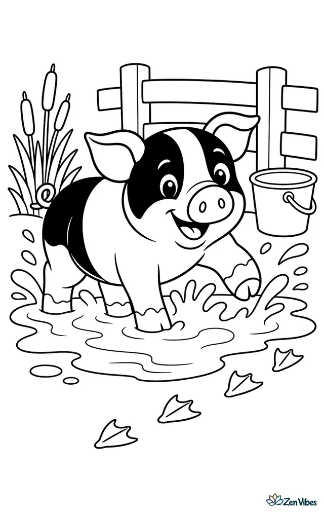 A Berkshire pig happily splashes in a muddy puddle near a pen, with reeds, a bucket, fence rails, and a few duck footprints crossing the farmyard.