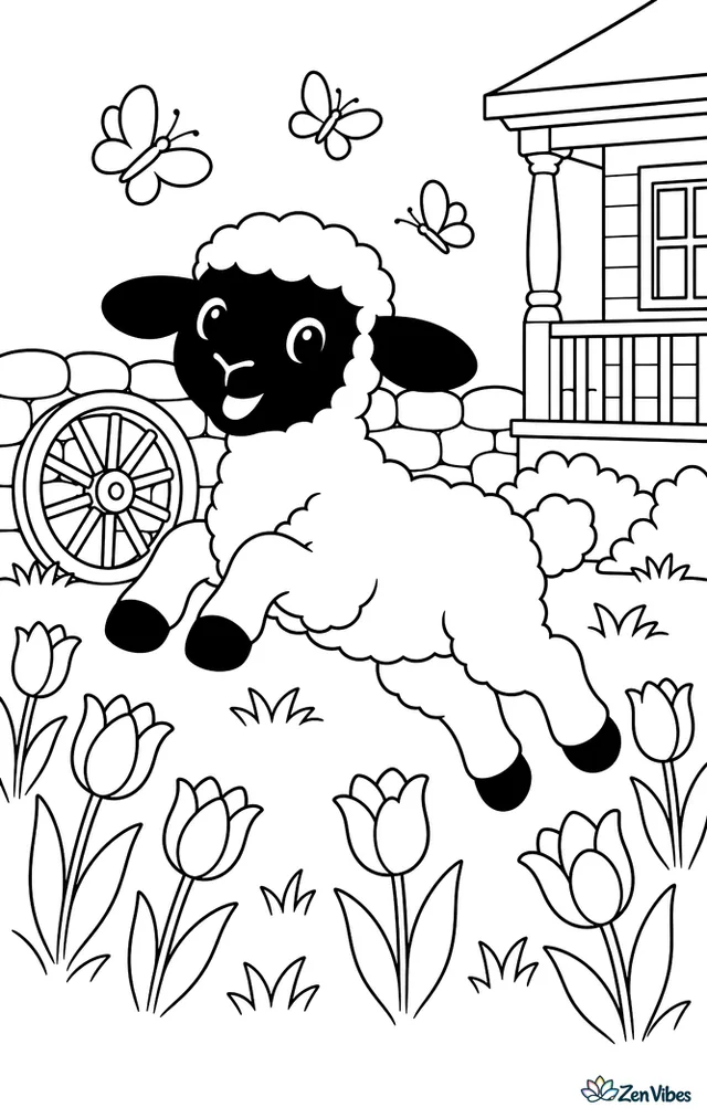 A Suffolk lamb skips through a spring field dotted with tulips, with a wagon wheel, a stone wall, fluttering butterflies, and a farmhouse porch in the background.