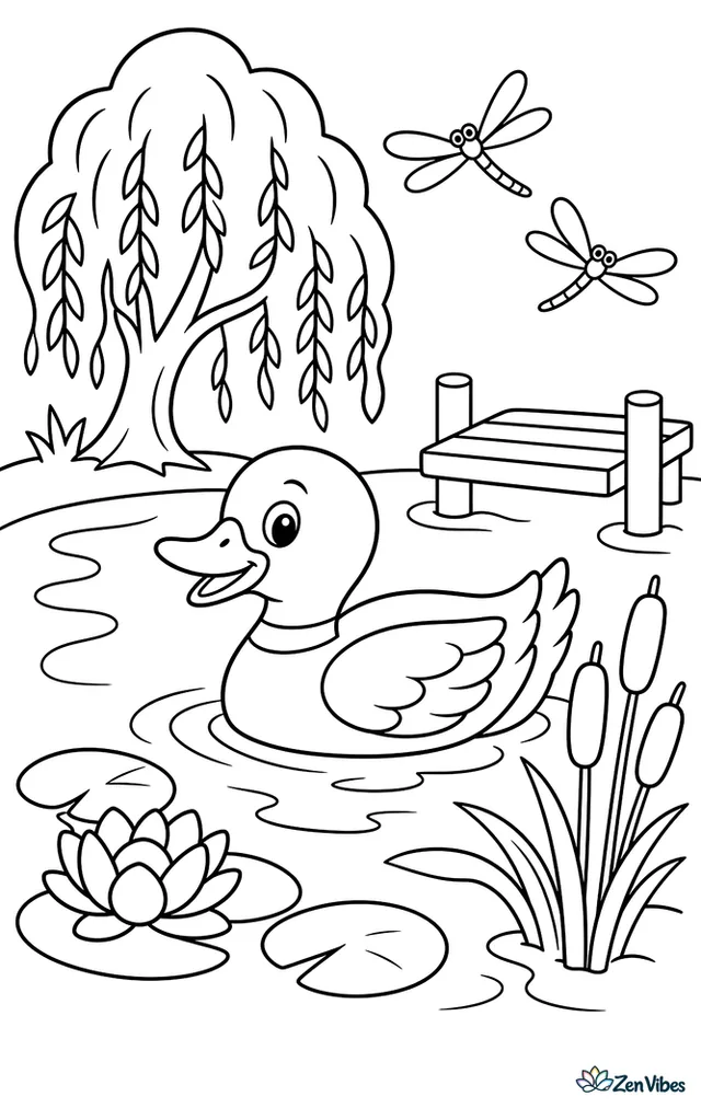 A mallard duck paddles across a farm pond beside lily pads, with cattails, a small dock, a willow tree, and a pair of dragonflies above the water.