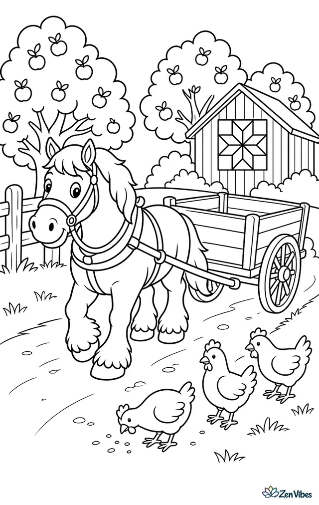 A Belgian horse pulls an empty wooden wagon down a lane, with apple trees, a barn quilt on a shed, fence posts, and chickens scratching near the roadside.
