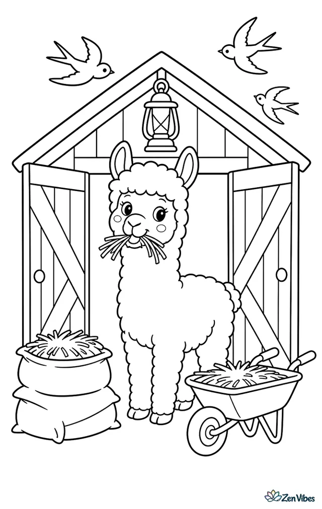 An alpaca stands at an open barn door chewing hay, with stacked feed sacks, a lantern, a wheelbarrow, and swallows circling under the roofline.