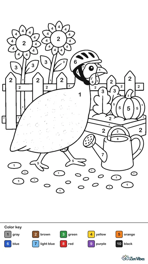 A helmeted guinea fowl strolls across a gravel yard near a watering can, with sunflowers, a low fence, a garden patch, and seed scattered on the ground.