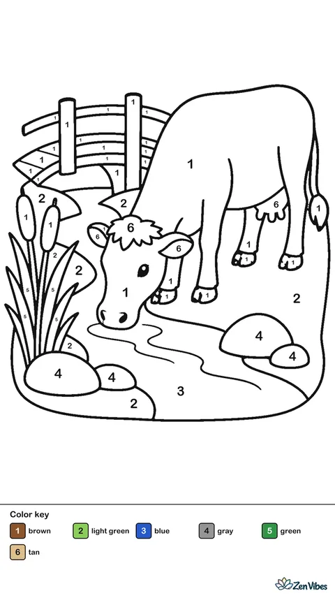 A Brown Swiss cow drinks from a shallow creek, with smooth river stones, cattails, a wooden footbridge, and distant pasture fences curving over gentle hills.