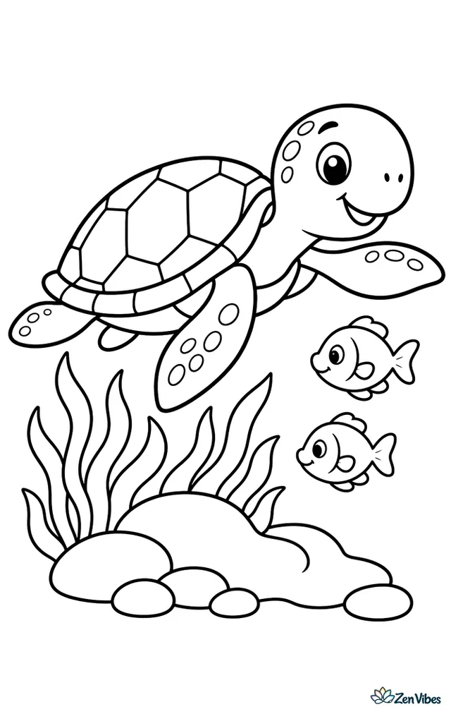 A green sea turtle glides over seagrass near a gentle reef edge, with two small fish nearby, rounded rocks below, and sunrays filtering through clear ocean water.
