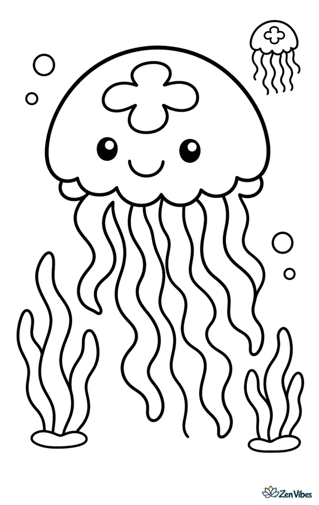A moon jelly drifts slowly through open water, its ribbonlike arms trailing below, with a few tiny bubbles, simple seaweed fronds at the bottom, and another jelly far behind.