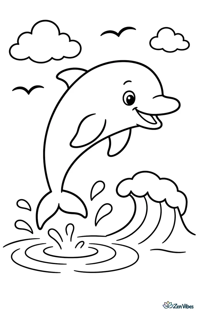 A bottlenose dolphin arcs above the ocean surface beside a small wave, with distant seabirds, a few fluffy clouds, and ripples where it rose from the water.