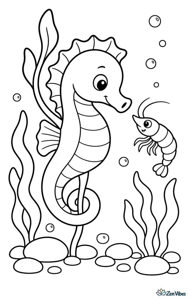 A lined seahorse curls its tail around a strand of kelp, facing a tiny shrimp, with swaying seaweed, pebbles on the seabed, and small bubbles in the water.