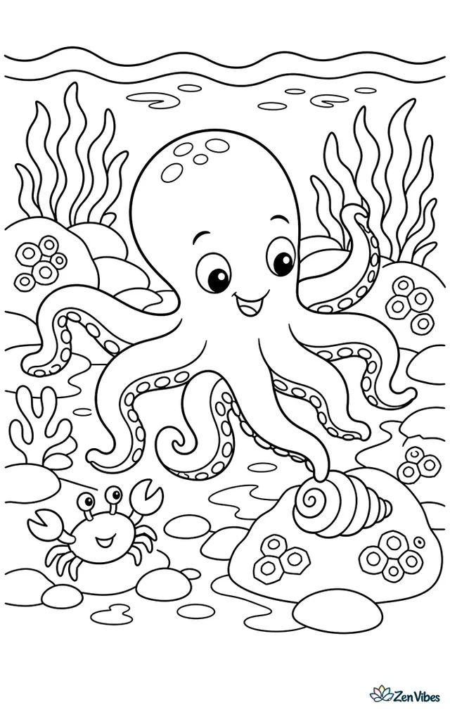 A common octopus explores a rocky tide pool, reaching toward a spiral shell, with seaweed clusters, barnacled stones, a little crab nearby, and rippling water above.