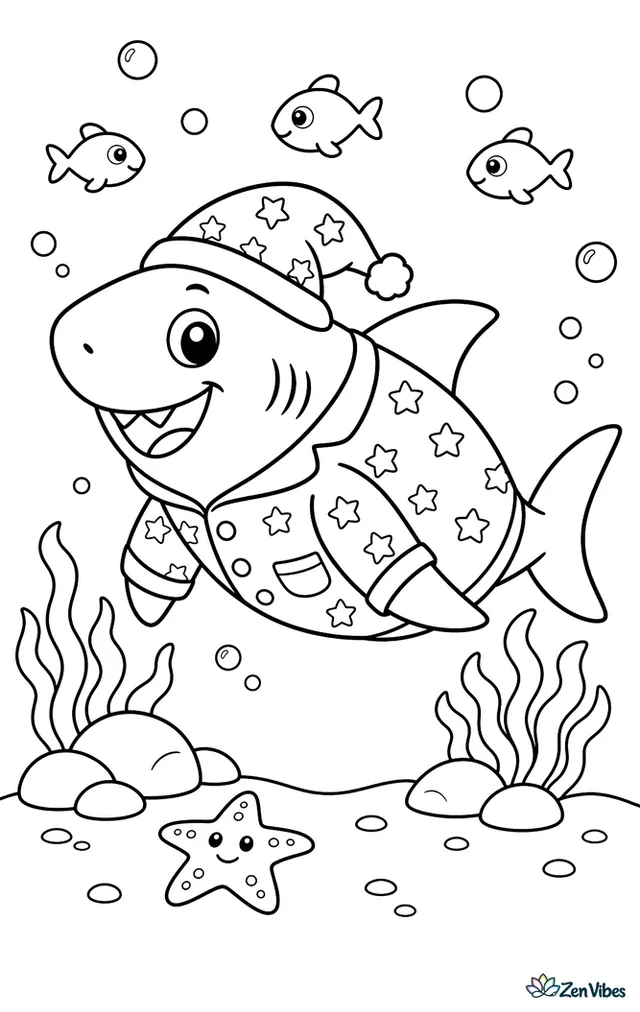 A pajama shark cruises along the seafloor beside low rocks and waving algae, with a starfish on the sand, a few small fish overhead, and gentle currents shown by drifting bubbles.