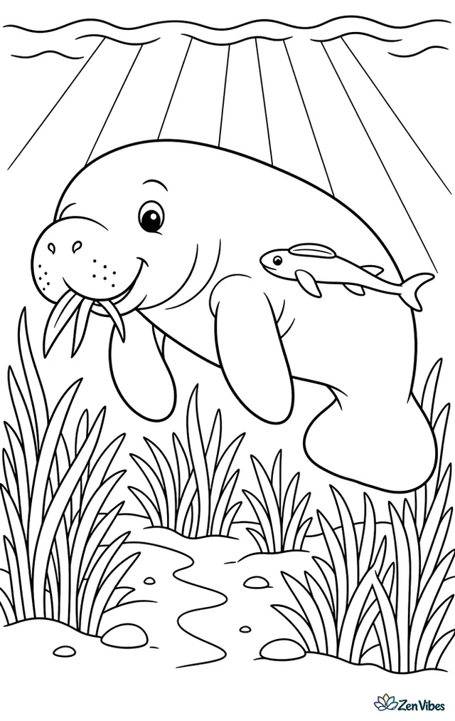 A West Indian manatee floats through a broad seagrass meadow, nibbling tender blades, with a remora nearby, sandy channels below, and light beams shining down from the surface.