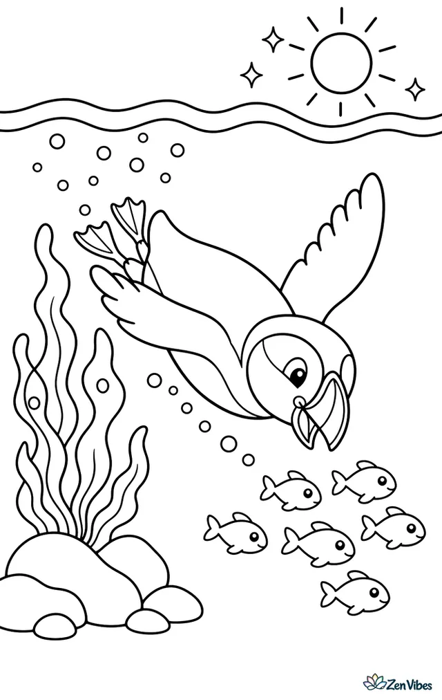 An Atlantic puffin dives beneath the waves chasing a small school of fish, with air bubbles trailing behind, kelp rising from rocks, and sunlight sparkling at the surface.
