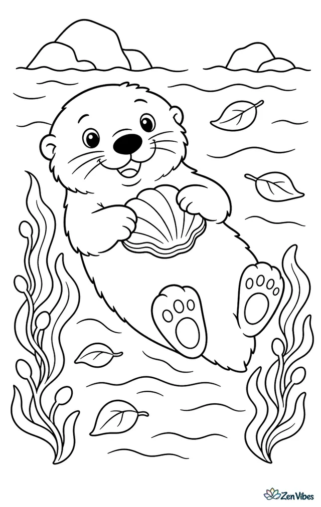 A sea otter floats on its back among kelp strands, holding a clam on its belly, with gentle waves, drifting leaves, and distant rocks peeking above the waterline.