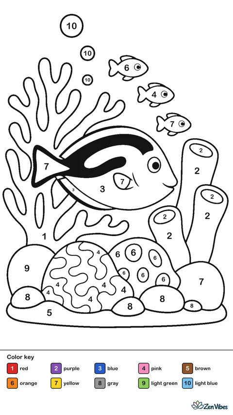 A blue tang swims between branching coral and a sponge tower, with three tiny reef fish nearby, patterned coral rubble below, and bubbles rising through warm tropical water.
