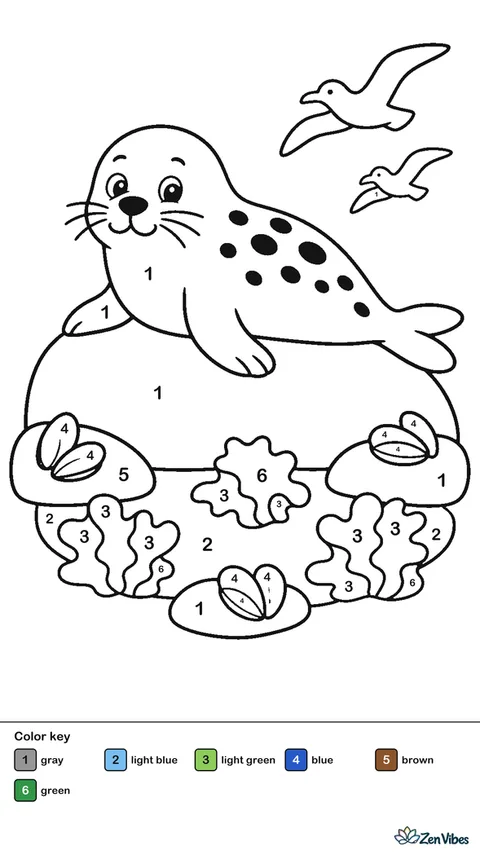 A harbor seal rests on a smooth coastal rock at low tide, with tide pool water below, scattered mussels, waving sea lettuce, and two gulls flying in the distance.