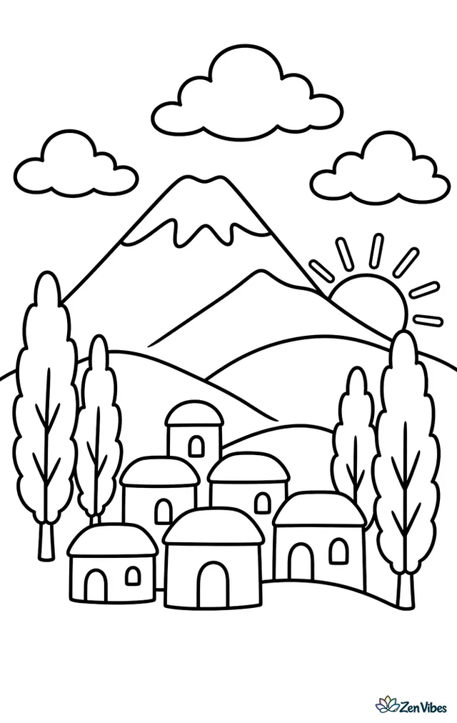 Mount Ararat rises behind rolling hills as the sun peeks over the horizon, with a small village, poplar trees, and curved clouds creating a calm Turkish landscape.
