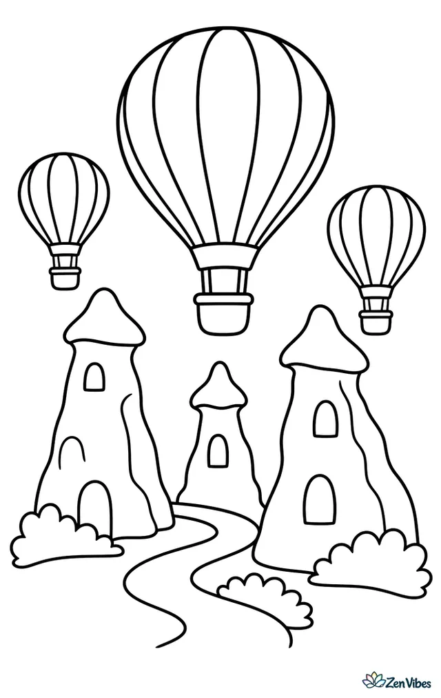 Colorful hot air balloons drift above Cappadocia fairy chimneys, with simple rock towers, striped balloons, and a winding path below in a bright morning scene.