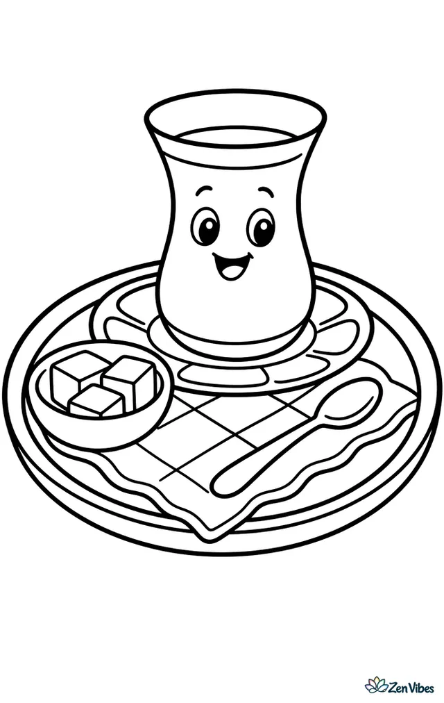 A tulip-shaped tea glass sits on a round tray beside sugar cubes, a spoon, and a small saucer, with a simple tablecloth pattern underneath.