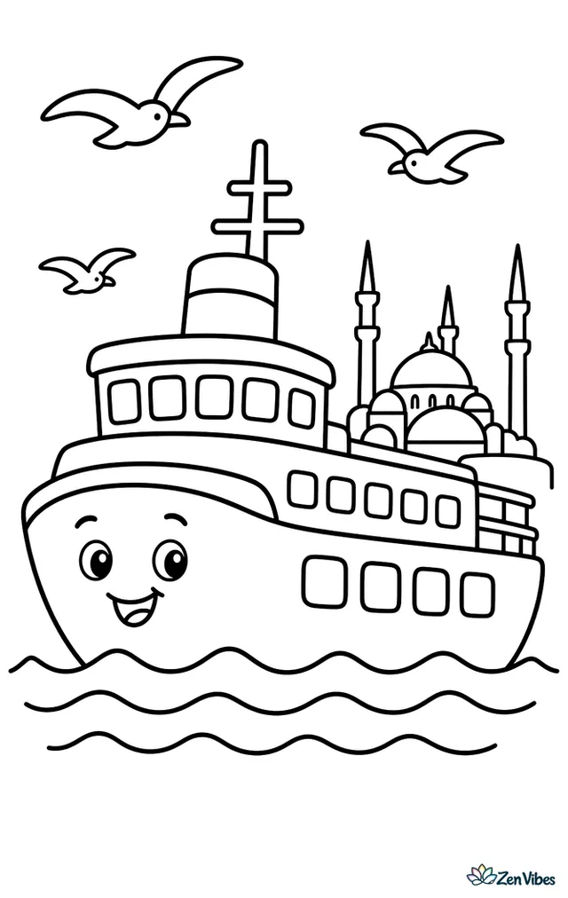 A ferry glides across the Bosphorus with gentle waves, seagulls overhead, and a skyline of domes and minarets in the distance.