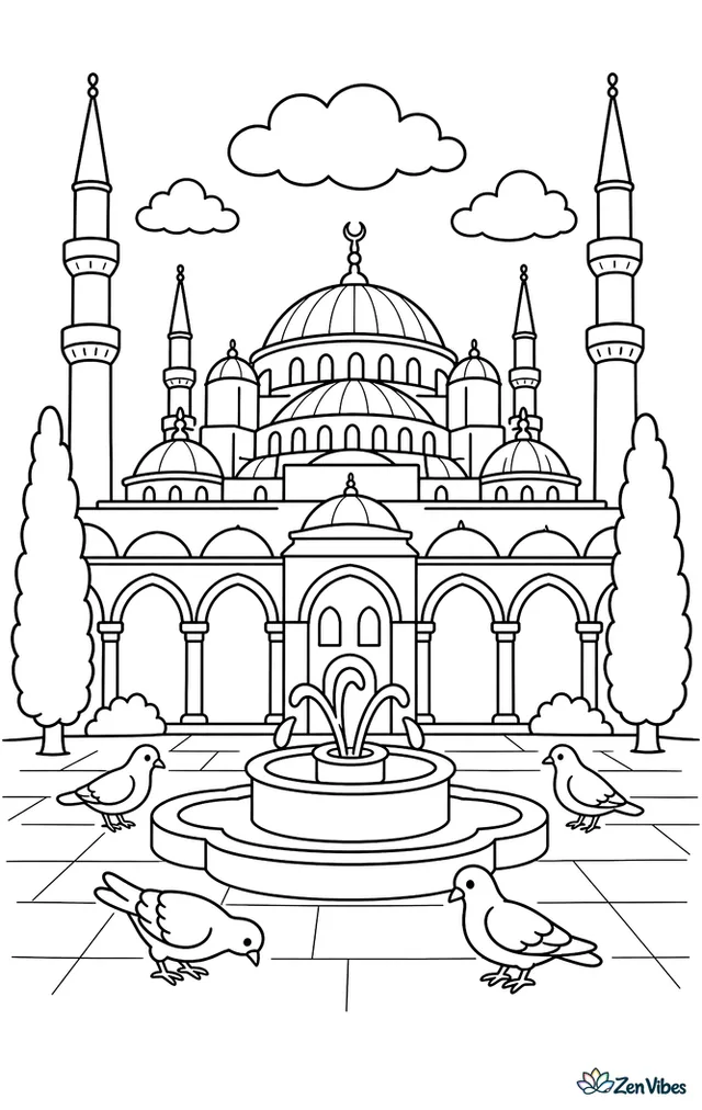 The Blue Mosque stands beyond an open courtyard where pigeons stroll near a fountain, with arched walkways, cypress trees, and soft clouds overhead.