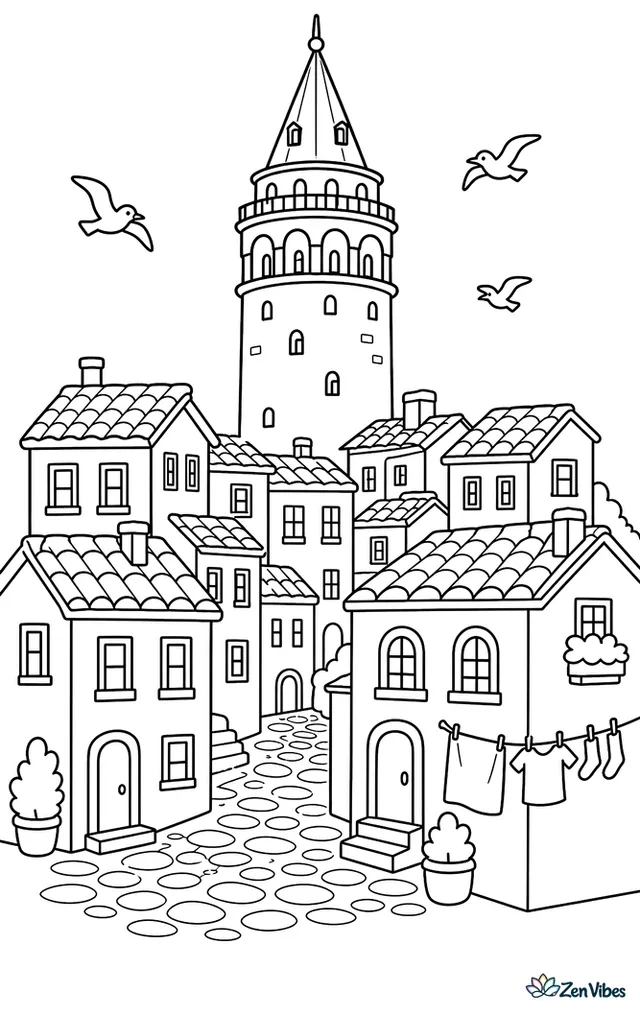 Galata Tower overlooks a hillside neighborhood of narrow houses, with tiled roofs, cobblestone streets, laundry lines, and a few birds circling above.