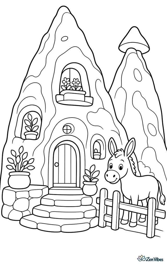 A carved cave home nestles among Cappadocia rock formations, with wooden doors, potted plants, stone steps, and a donkey standing beside a low fence.