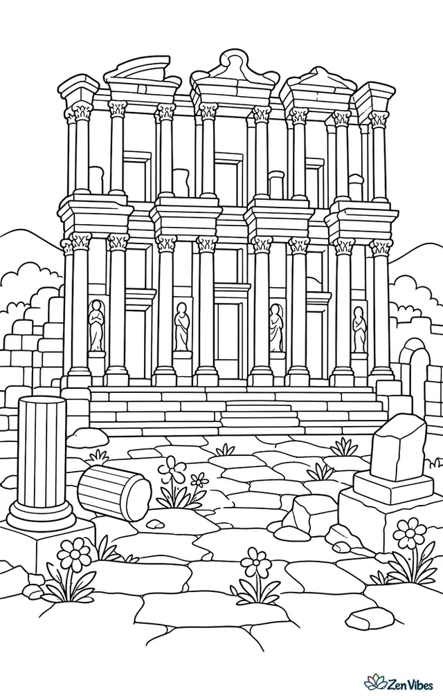 The Library of Celsus facade stands among ancient ruins, with broken columns, stone steps, wildflowers between paving stones, and distant hills under a clear sky.