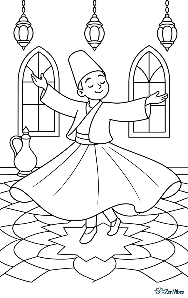 A whirling dervish turns in a traditional hall, with flowing robes, tall windows, hanging lamps, and patterned floor tiles forming a graceful indoor scene.
