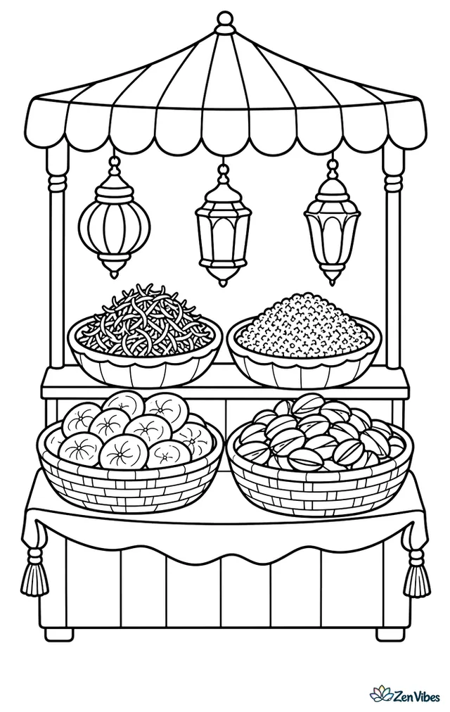 A market stall in the Spice Bazaar displays saffron, sumac, dried figs, and pistachios, with hanging lanterns, woven baskets, and striped awnings overhead.