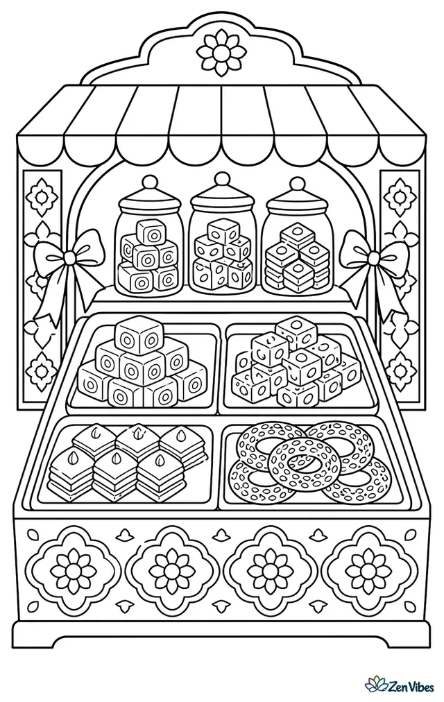 A sweet shop window shows trays of rose lokum, pistachio lokum, baklava, and sesame rings, with jars, ribbons, and decorative tiles around the display.
