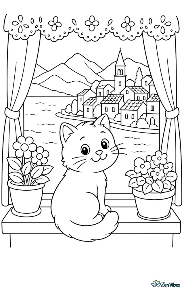 A Van cat sits on a windowsill looking over a lakeside town, with flowerpots, lace curtains, tiled rooftops, and distant mountains beyond the water.