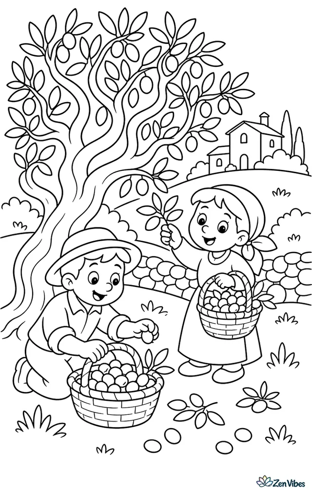 Workers gather olives beneath twisting trees on a sunny hillside, with baskets, a stone wall, wild grasses, and a farmhouse overlooking the grove.
