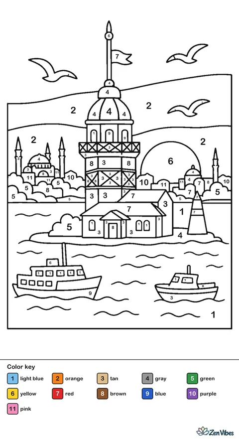 Maiden's Tower stands on its islet at sunset, with rippling water, passing boats, circling gulls, and the Istanbul shoreline glowing in the background.