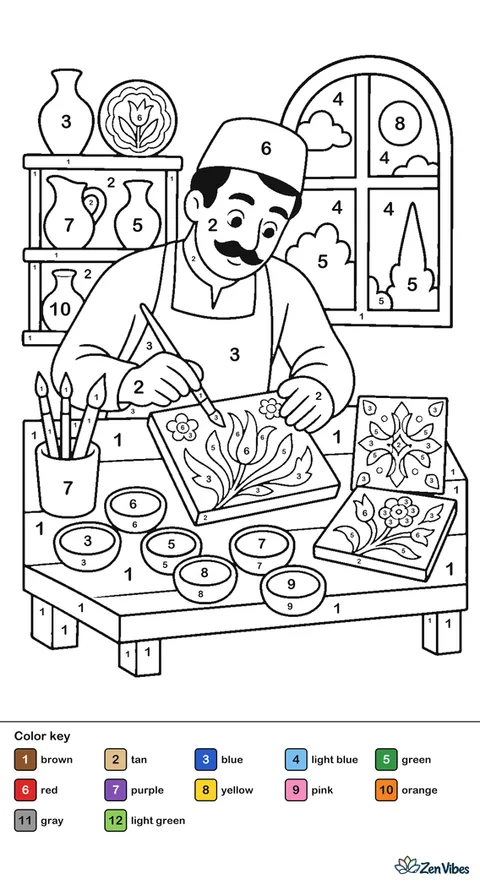 An artisan paints an Iznik tile at a wooden bench, surrounded by brushes, pigment bowls, floral tile samples, shelves of ceramics, and a sunlit workshop window.