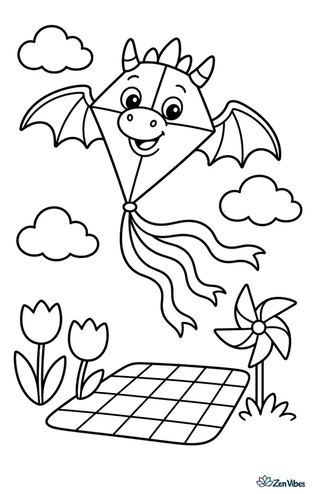 A kite dragon glides through a breezy park sky, its ribbon tail fluttering above a picnic blanket, round clouds, two tulips, and a child-sized pinwheel planted in the grass.