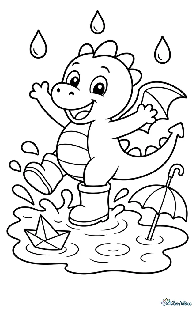 A puddle dragon splashes happily in a rain puddle, wearing rubber boots beside a small umbrella, three raindrops, a paper boat, and a sidewalk with simple ripples.