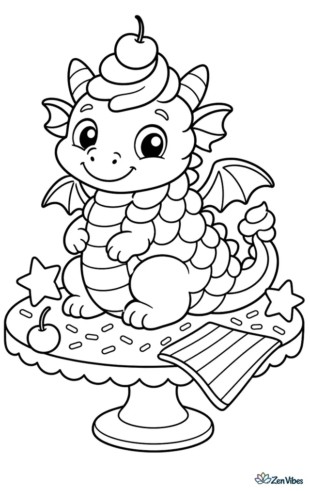 A cupcake dragon sits proudly on a bakery stand, frosting-like scales swirled neatly, surrounded by sprinkles, a tiny cherry, a striped napkin, and two simple star decorations.