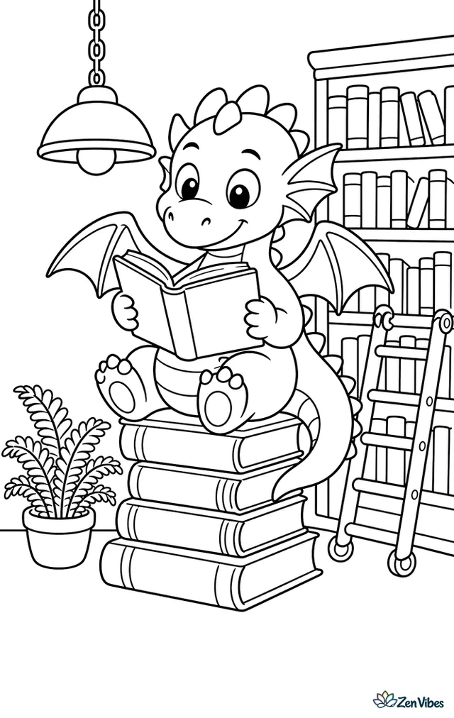 A library dragon perches on a stack of books, reading an open storybook under a hanging lamp, with a rolling ladder, potted fern, and neat shelves in the background.