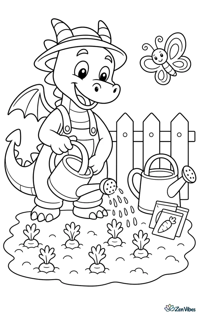 A gardener dragon waters carrot sprouts in a vegetable patch, standing beside a watering can, seed packets, a wooden fence, and a friendly butterfly drifting over the soil.