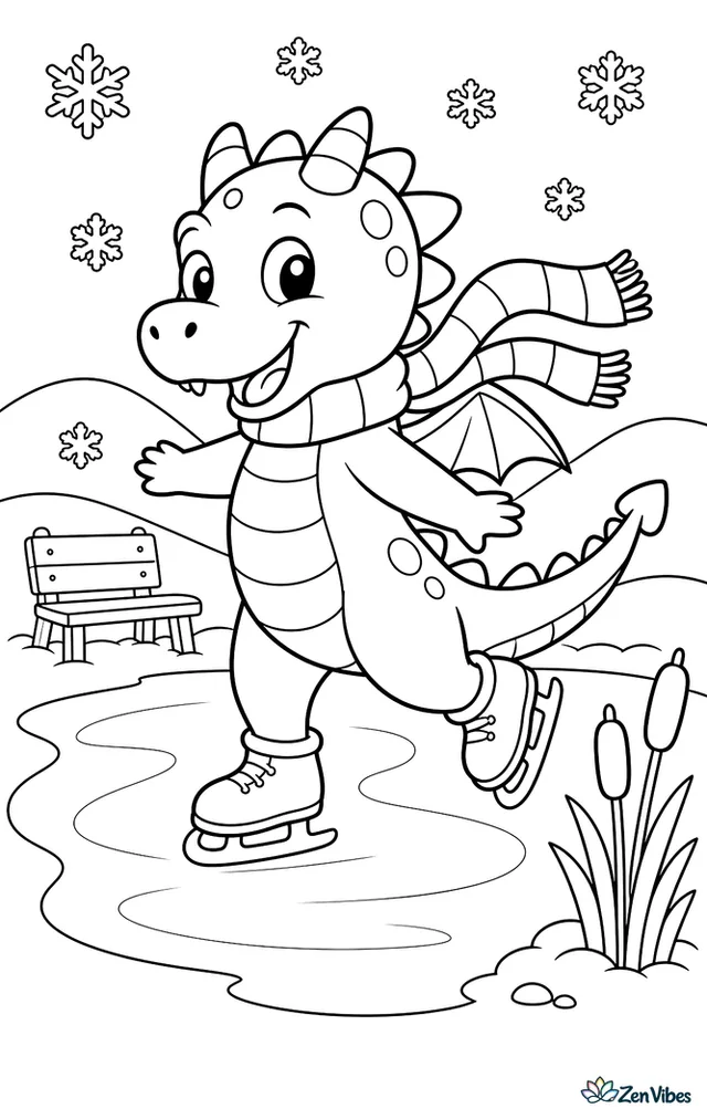 An ice skating dragon glides across a frozen pond, scarf trailing behind, with cattails at the edge, a wooden bench, gentle snowflakes, and rounded hills beyond the rink.