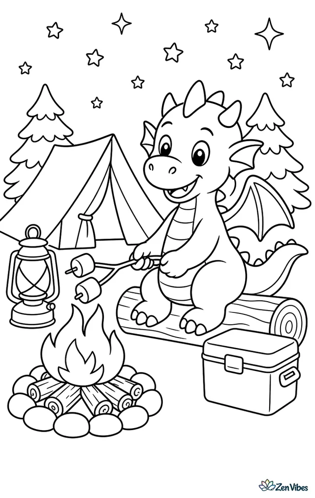 A campfire dragon roasts marshmallows beside a cozy tent, seated on a log with pine trees, a lantern, a cooler, and stars twinkling above the nighttime campsite.